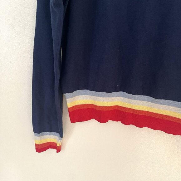 Central Park West Deep V Neck Rainbow Trim Sweater sz L Preppy Academia 90s Y2k - Picture 3 of 8